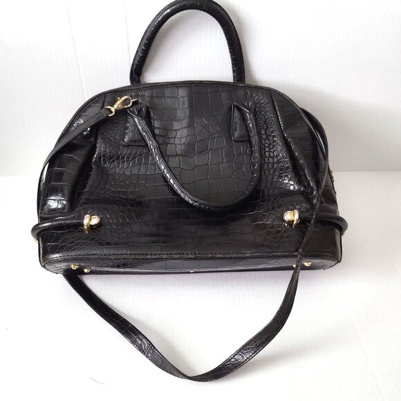 Vtg Bally Doctor Bag Purse Black Croc Embossed Leather Goldtone Trim Crossbody - Picture 3 of 16